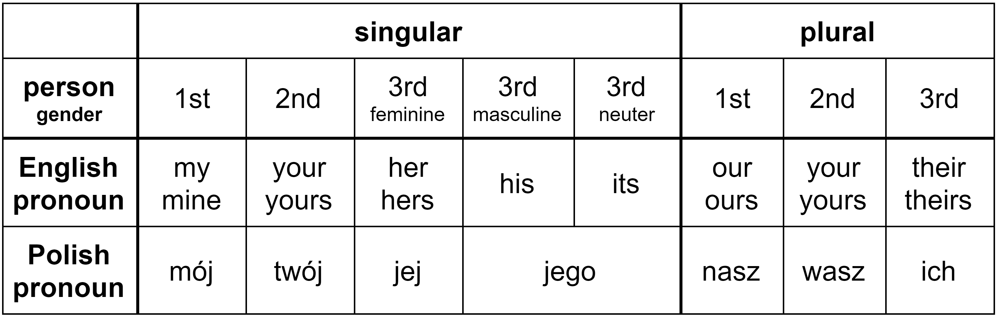 Pronoun chart with nominative forms of Polish possessive pronouns
