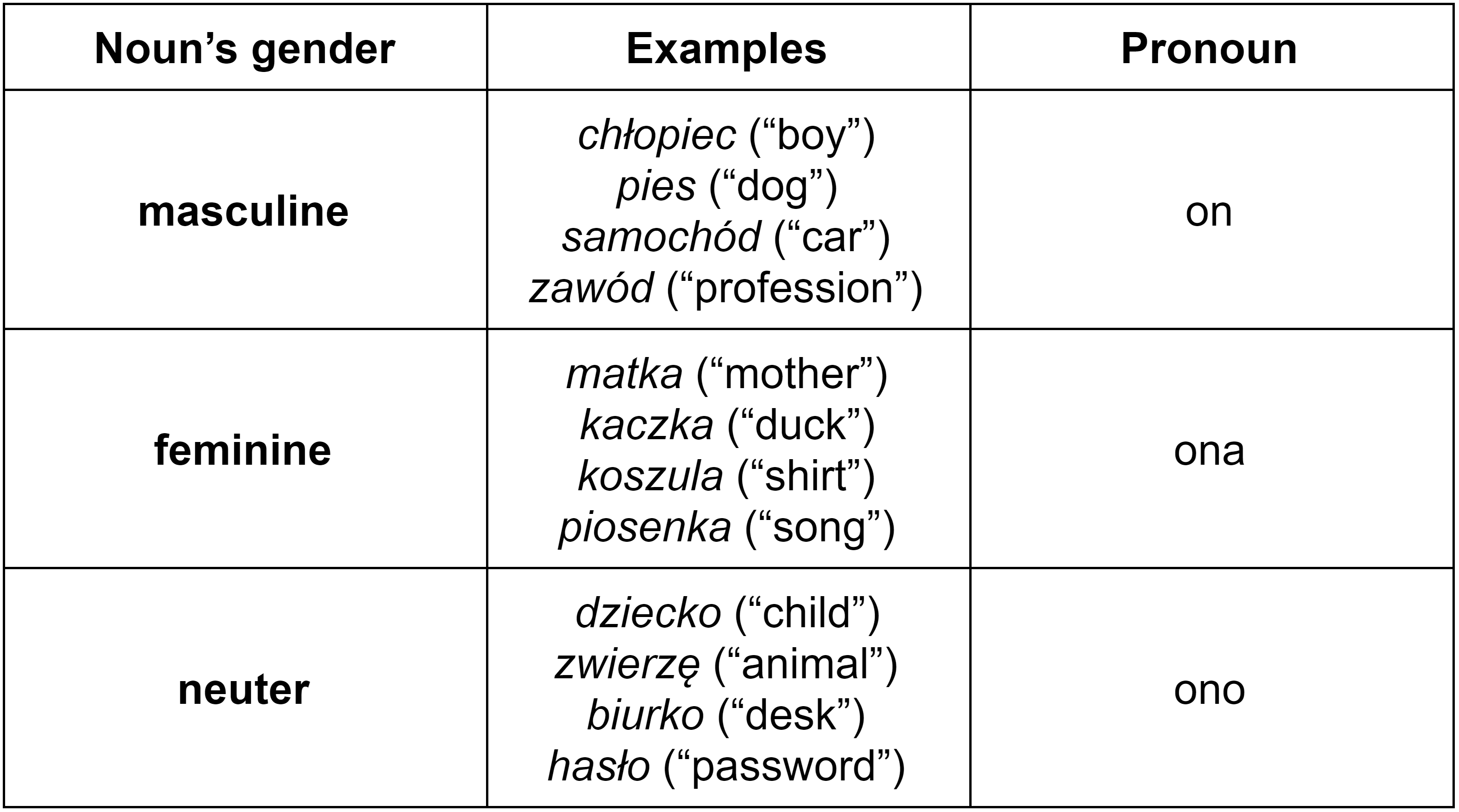 Polish personal pronouns and gender table (masculine “on”, feminine “ona”, and neuter “ono”)