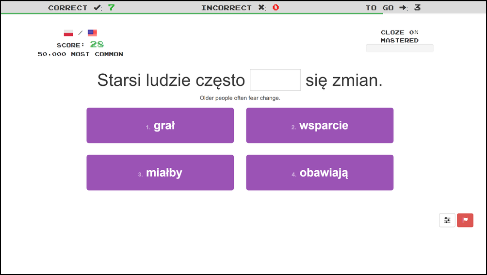 Clozemaster Polish course screenshot