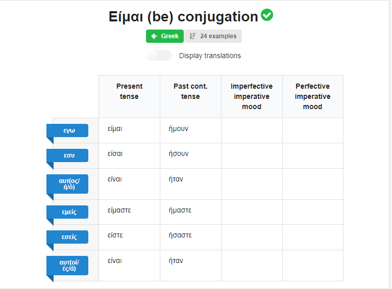 Table with the conjugation of the Greek verb "είμαι" (to be).
